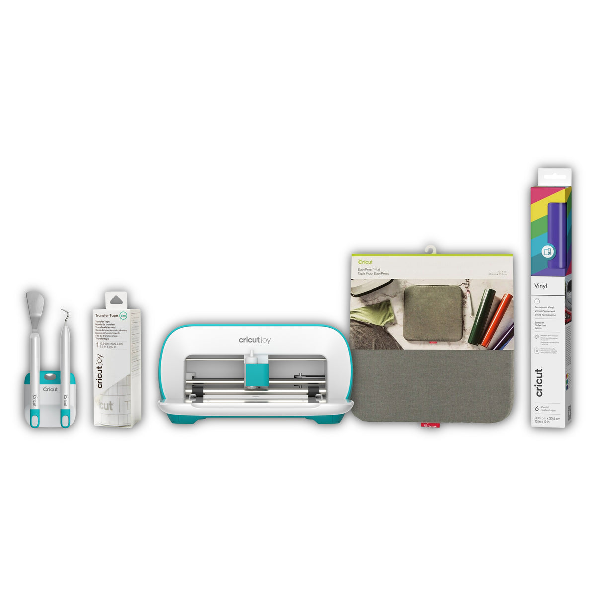 A Cricut crafting bundle on a white background, including a white and teal Cricut Explore cutting machine, a Cricut ink cartridge, a gray fabric pouch with a Cricut pen inside, and a box of Cricut Vinyl.