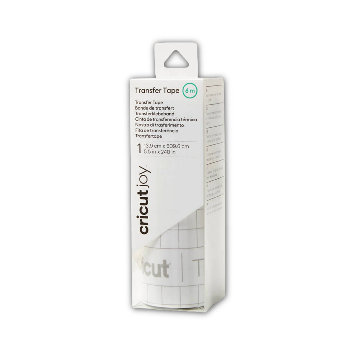 Cricut Joy brand 6 m roll of transfer tape in its original white cardboard packaging, shown against a plain white background.