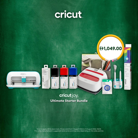 Cricut Joy Ultimate Starter Bundle featuring a white and blue Cricut cutting machine, various ink cartridges, a white and red heat press, and accessories, displayed on a green chalkboard background with a price tag overlay.