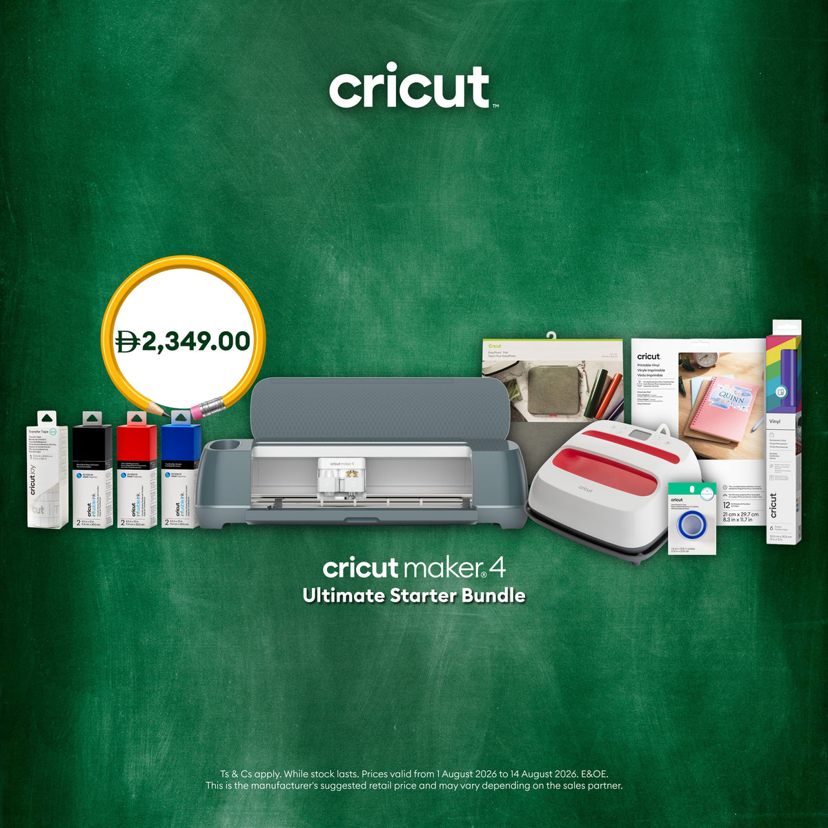 Cricut Maker 4 Ultimate Starter Bundle promotional graphic on a green chalkboard-style background, showing a desktop cutting machine, iron, ink cartridges, and accessories with the Cricut logo and price $2,349.00.