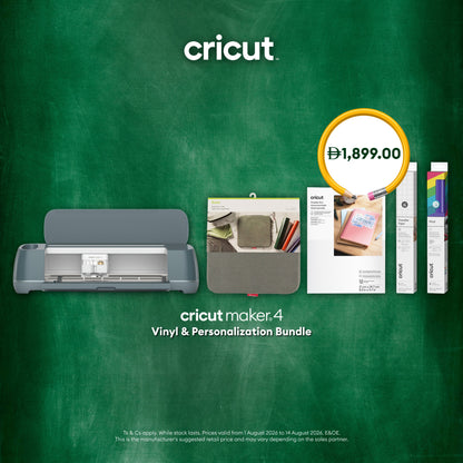 Cricut Maker 4 vinyl and personalization bundle set against a green chalkboard background, featuring a gray cutting machine, a gray fabric pouch, printed papers, and three vinyl sheets, with a yellow price circle showing 1,899.00.